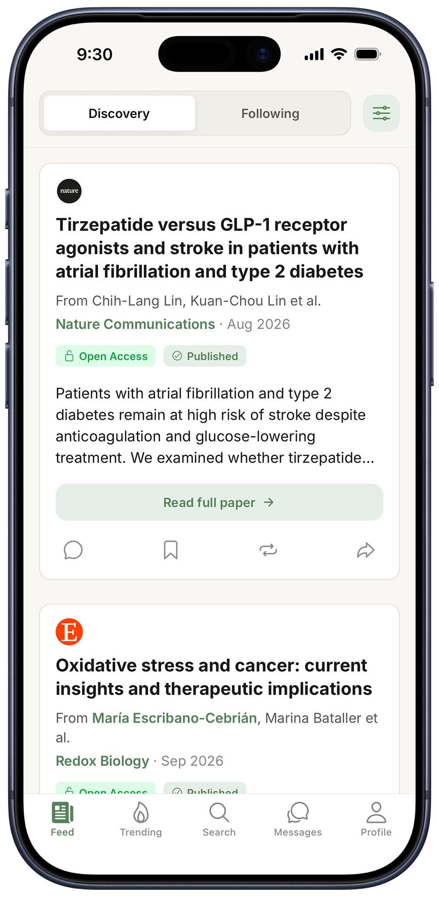 Offprint's Discovery feed on an iPhone: new papers with their abstracts, open-access status, and a link to the full text