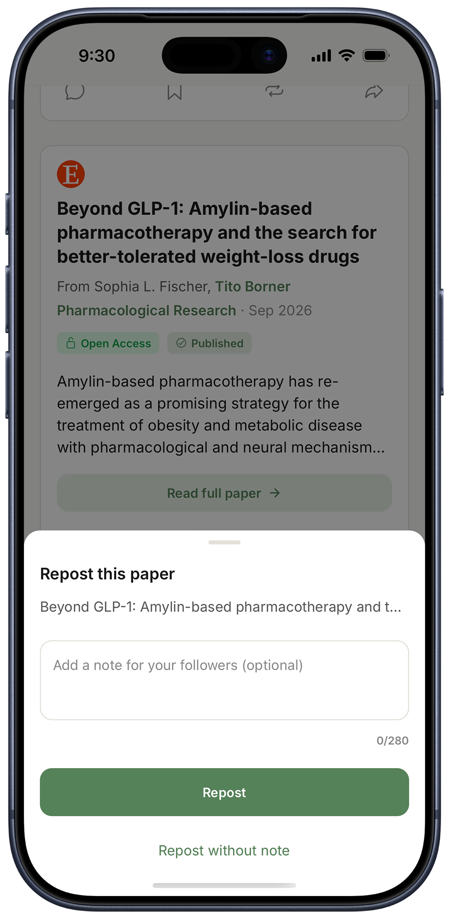Reposting a paper on Offprint, with an optional note for your followers
